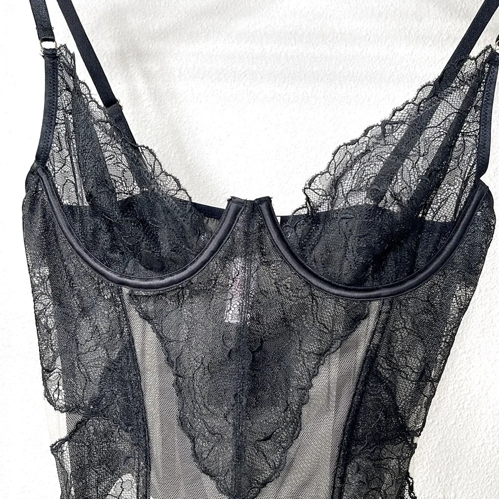 Savage X Fenty by Rihanna Black Lace & Tan Mesh Sheer Bodysuit Teddy Size Small